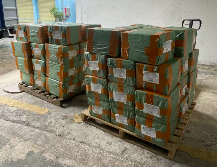 Wrapped pallets of cartons prepared for shipment