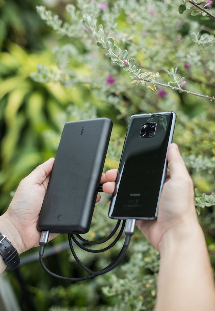 A person charging a smartphone with a power bank outdoors, amidst lush greenery.